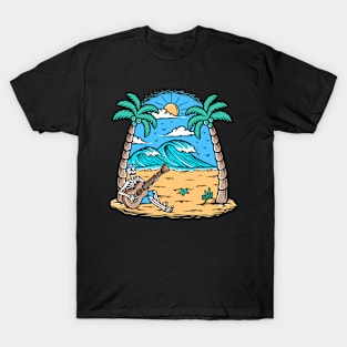 Cartoon Skeleton Playing Guitar on the Beach T-Shirt